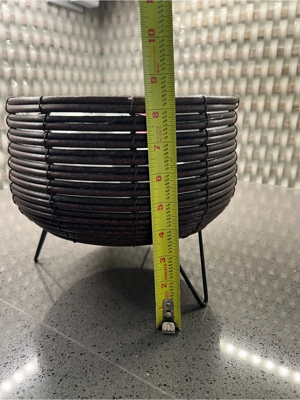 Dark Brown Woven Decorative Planter Bowl with Black Metal Legs